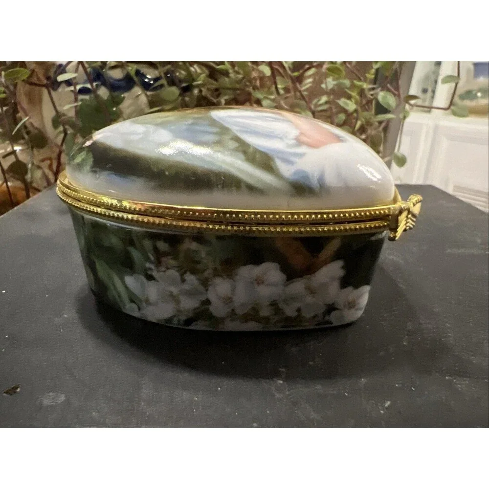 Limoges Style Porcelain Hinged Lid Trinket Jewelry Box Vintage Cherub, Angel